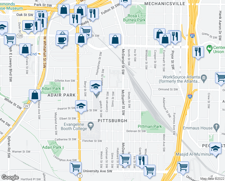 map of restaurants, bars, coffee shops, grocery stores, and more near 474 Rockwell Street Southwest in Atlanta