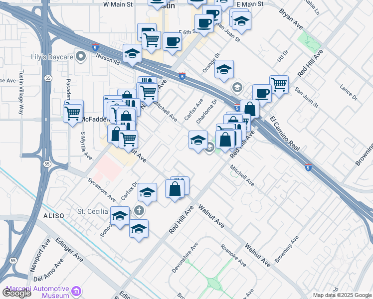 map of restaurants, bars, coffee shops, grocery stores, and more near 14332 Kipling Lane in Tustin