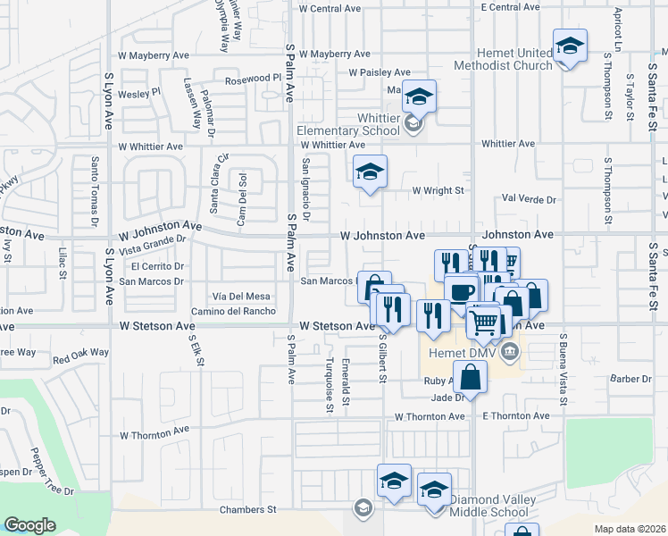 map of restaurants, bars, coffee shops, grocery stores, and more near 996 San Francisco Drive in Hemet