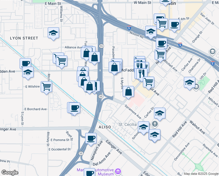 map of restaurants, bars, coffee shops, grocery stores, and more near 15941 Pasadena Avenue in Tustin