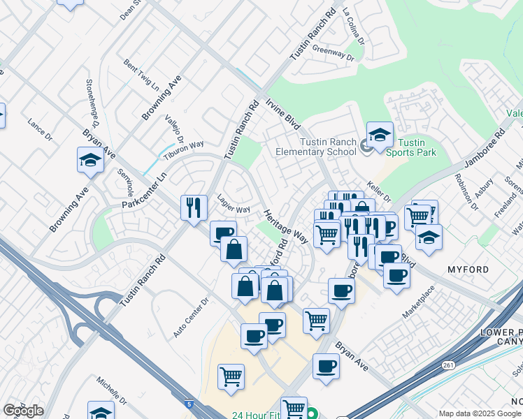 map of restaurants, bars, coffee shops, grocery stores, and more near 2572 Calle Barcelona in Tustin
