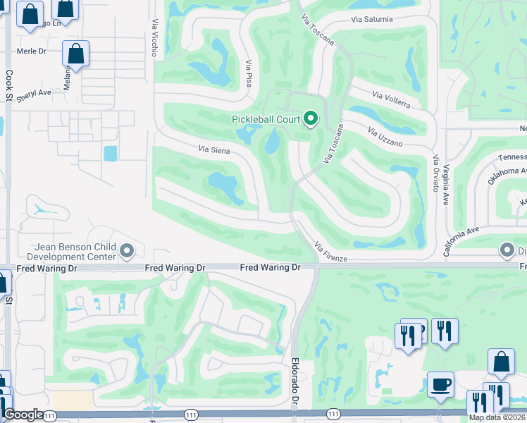 map of restaurants, bars, coffee shops, grocery stores, and more near 43360 Via Siena in Indian Wells