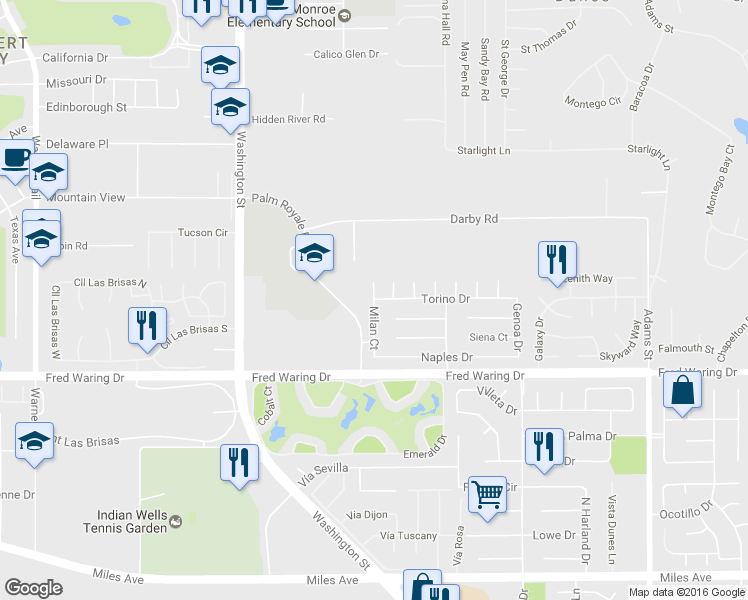 map of restaurants, bars, coffee shops, grocery stores, and more near 43698 Milan Court in La Quinta