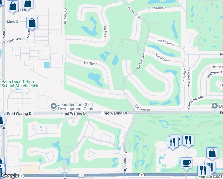 map of restaurants, bars, coffee shops, grocery stores, and more near 43360 Via Siena in Indian Wells