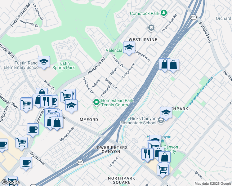 map of restaurants, bars, coffee shops, grocery stores, and more near 59 Sorenson in Irvine