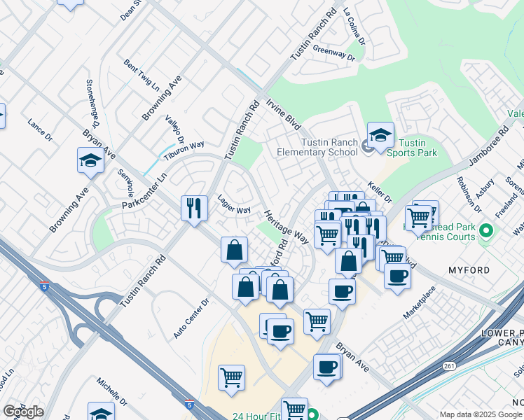 map of restaurants, bars, coffee shops, grocery stores, and more near 2572 Calle Barcelona in Tustin