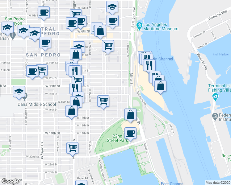 map of restaurants, bars, coffee shops, grocery stores, and more near 257 West 13th Street in Los Angeles