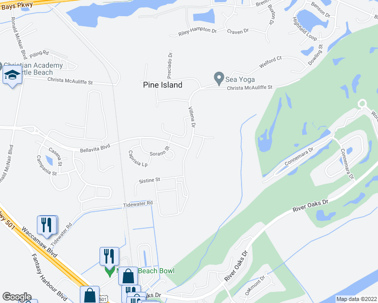 map of restaurants, bars, coffee shops, grocery stores, and more near 1377 TESSERA WAY in Myrtle Beach