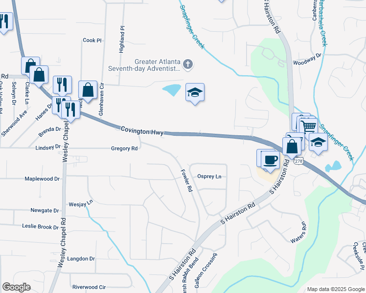 map of restaurants, bars, coffee shops, grocery stores, and more near 5169 Covington Highway in Decatur