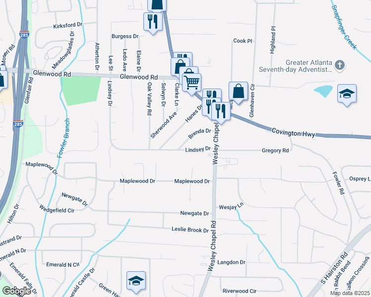 map of restaurants, bars, coffee shops, grocery stores, and more near 4103 Brenda Drive in Decatur