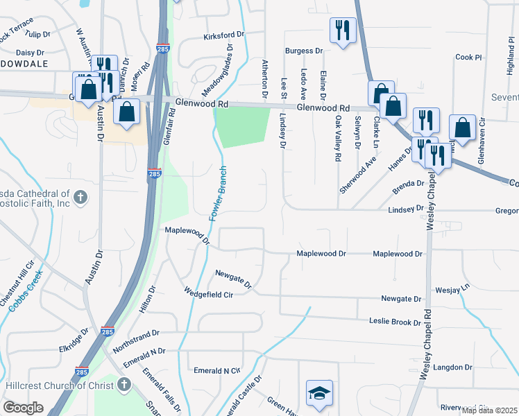 map of restaurants, bars, coffee shops, grocery stores, and more near 2110 Glenwood Downs Drive in Decatur