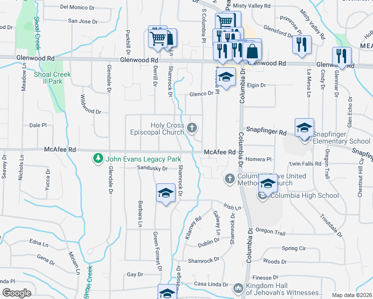 map of restaurants, bars, coffee shops, grocery stores, and more near 2005 South Columbia Place in Decatur