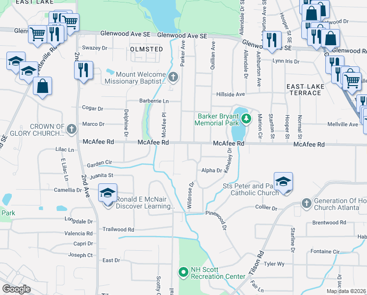 map of restaurants, bars, coffee shops, grocery stores, and more near 2021 Connie Lane in Decatur