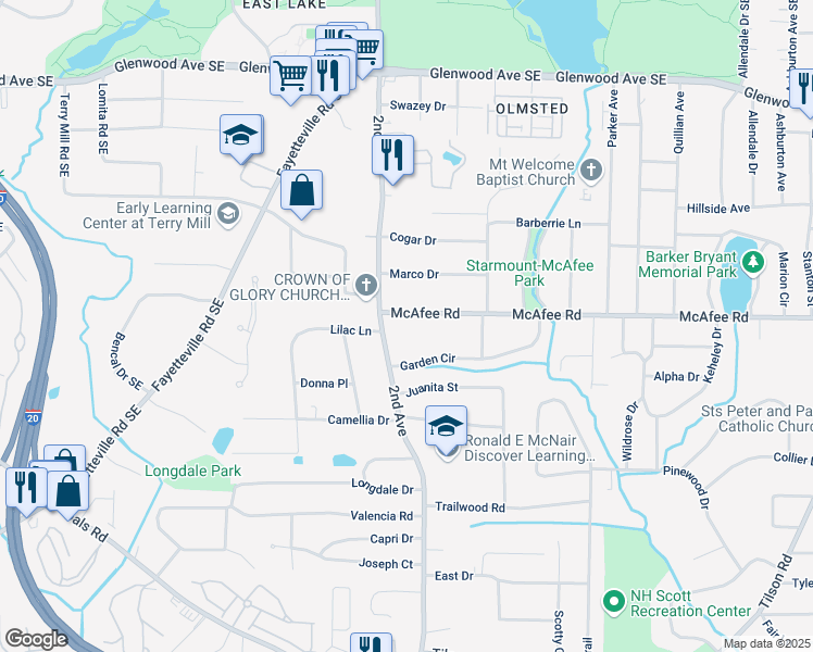 map of restaurants, bars, coffee shops, grocery stores, and more near 1995 McAfee Road in Decatur