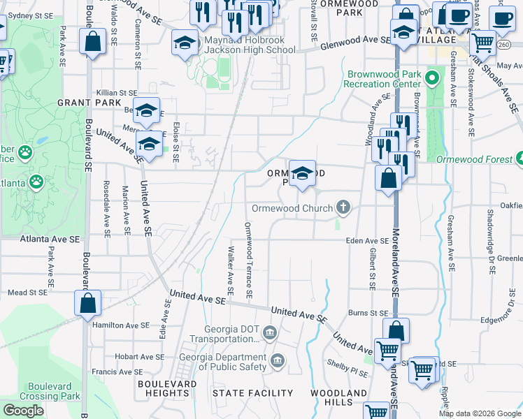 map of restaurants, bars, coffee shops, grocery stores, and more near 947 Delmar Avenue Southeast in Atlanta