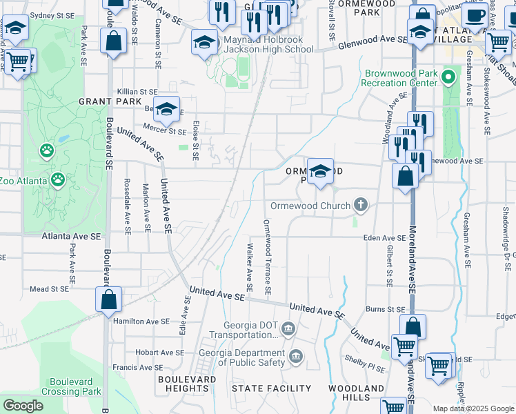 map of restaurants, bars, coffee shops, grocery stores, and more near 842 Ormewood Terrace Southeast in Atlanta