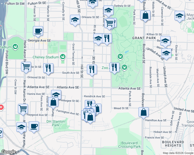 map of restaurants, bars, coffee shops, grocery stores, and more near 356 Ormond Street Southeast in Atlanta