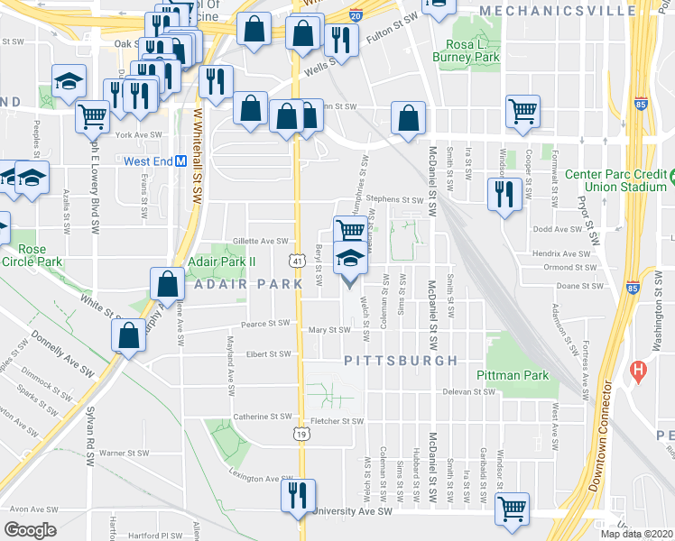 map of restaurants, bars, coffee shops, grocery stores, and more near 575 Rockwell Street Southwest in Atlanta