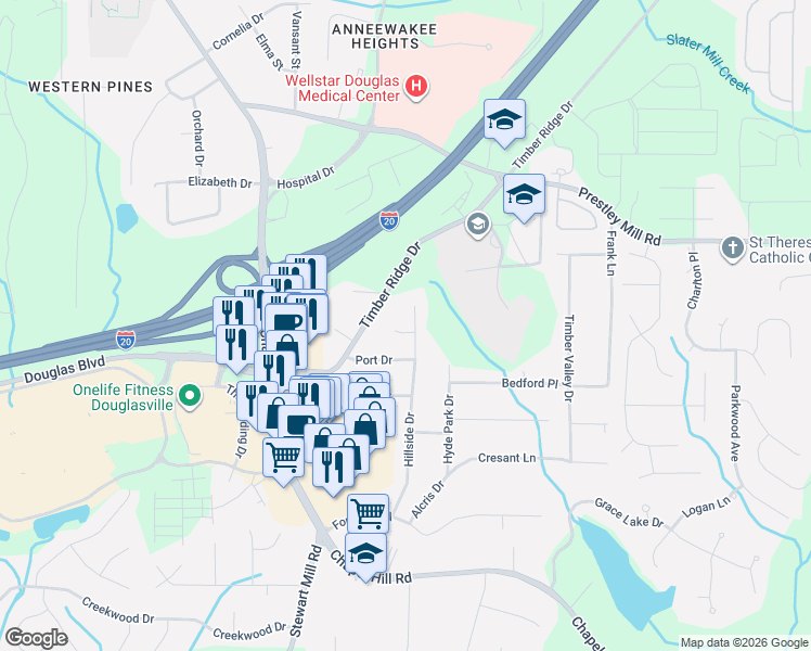 map of restaurants, bars, coffee shops, grocery stores, and more near 4796 Cruise Court in Douglasville