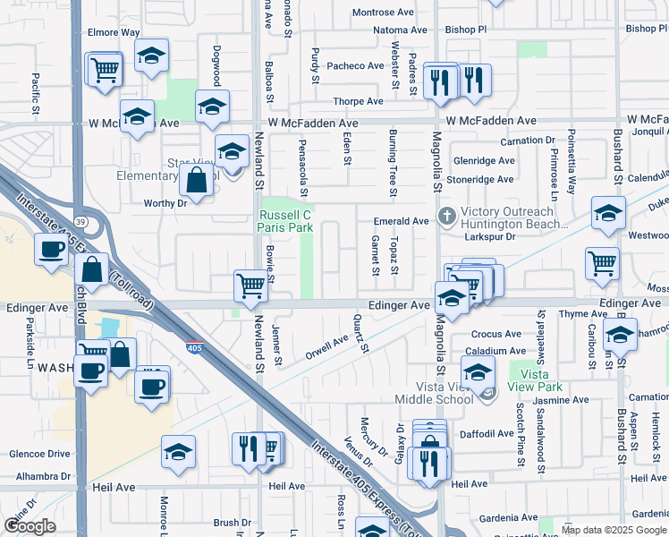 map of restaurants, bars, coffee shops, grocery stores, and more near 15911 Plumwood Street in Westminster