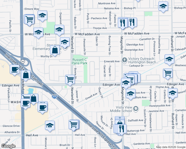 map of restaurants, bars, coffee shops, grocery stores, and more near 15911 Plumwood Street in Westminster