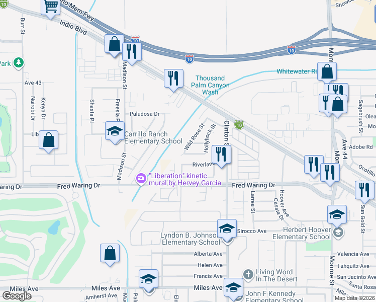map of restaurants, bars, coffee shops, grocery stores, and more near 81331 Thistle Way in Indio