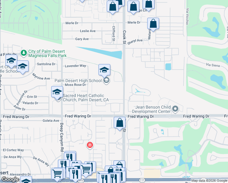 map of restaurants, bars, coffee shops, grocery stores, and more near 74910 Aztec Road in Palm Desert