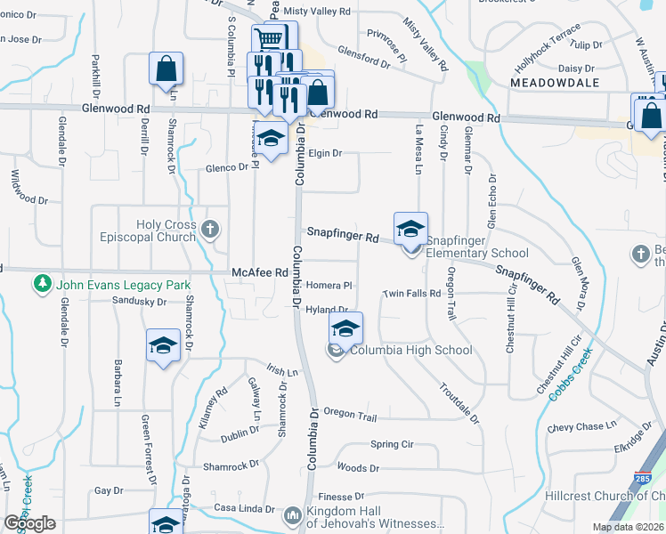 map of restaurants, bars, coffee shops, grocery stores, and more near 3409 Wickham Drive in Decatur