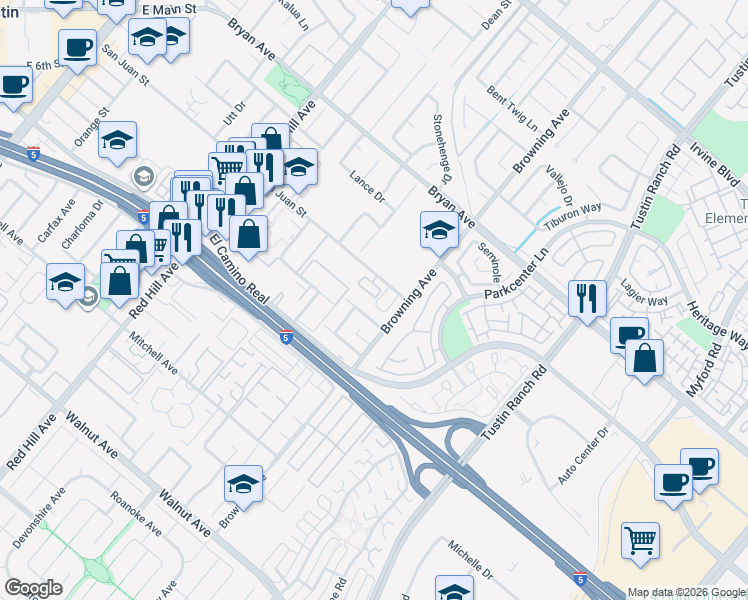 map of restaurants, bars, coffee shops, grocery stores, and more near 1865 Harvest Circle in Tustin