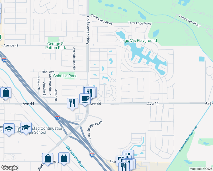 map of restaurants, bars, coffee shops, grocery stores, and more near 84136 Avenue 44 in Indio