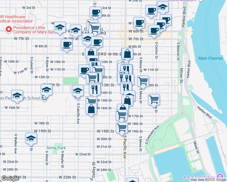 map of restaurants, bars, coffee shops, grocery stores, and more near 574 West 14th Street in Los Angeles