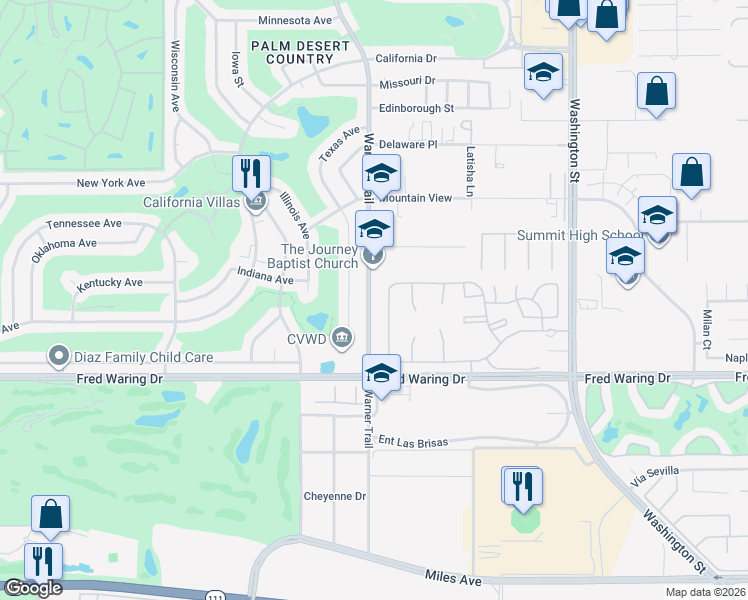 map of restaurants, bars, coffee shops, grocery stores, and more near 43565 Warner Trail in Palm Desert