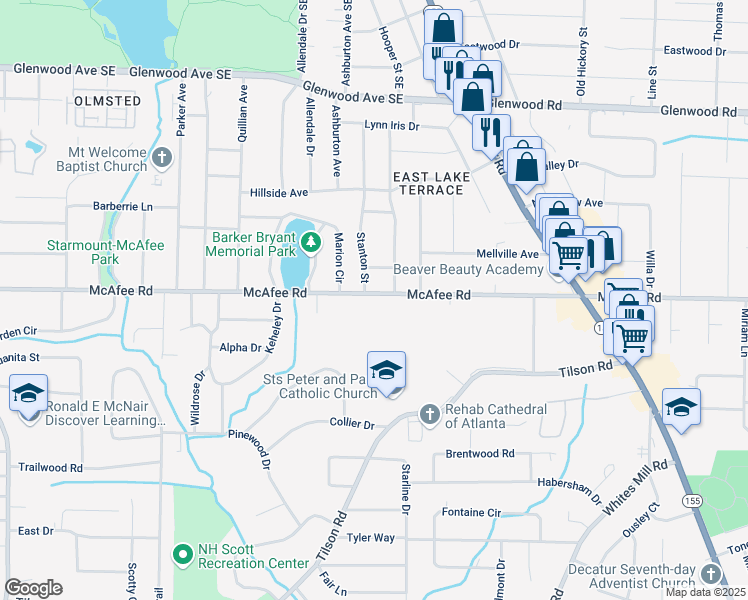 map of restaurants, bars, coffee shops, grocery stores, and more near 2391 McAfee Road in Decatur