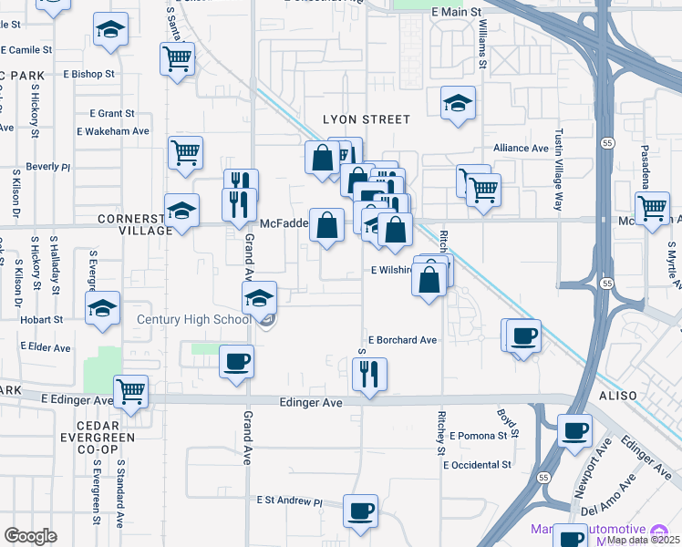 map of restaurants, bars, coffee shops, grocery stores, and more near 1627 East Wilshire Avenue in Santa Ana