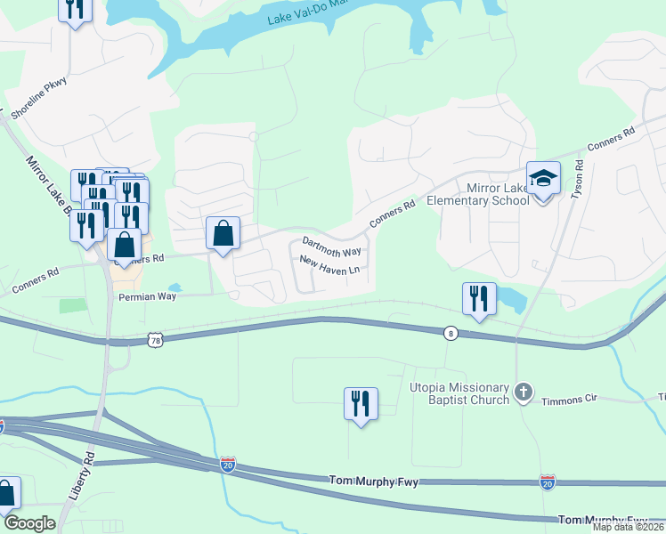 map of restaurants, bars, coffee shops, grocery stores, and more near 3014 New Haven Lane in Villa Rica