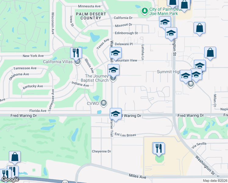 map of restaurants, bars, coffee shops, grocery stores, and more near 43622 Warner Trail in Palm Desert