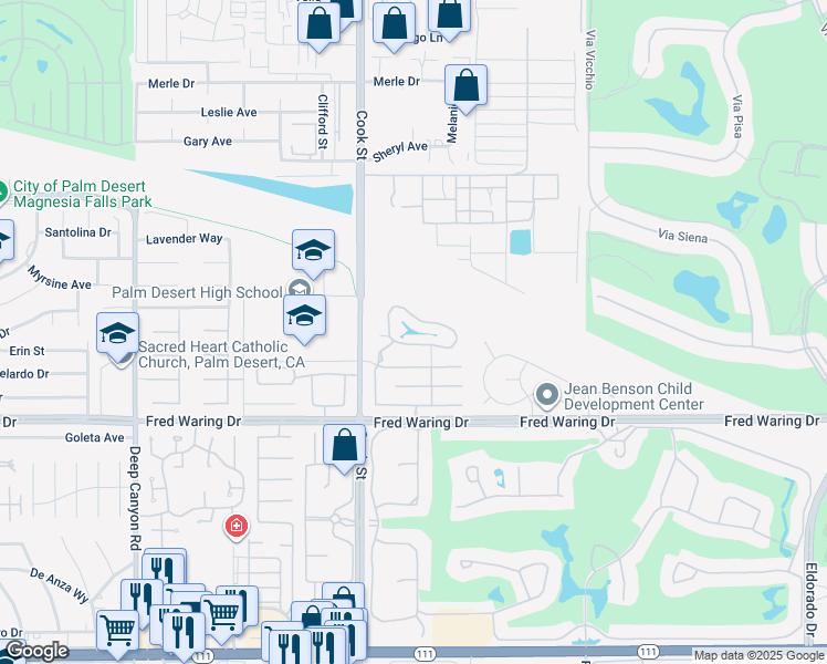 map of restaurants, bars, coffee shops, grocery stores, and more near 43376 Cook Street in Palm Desert