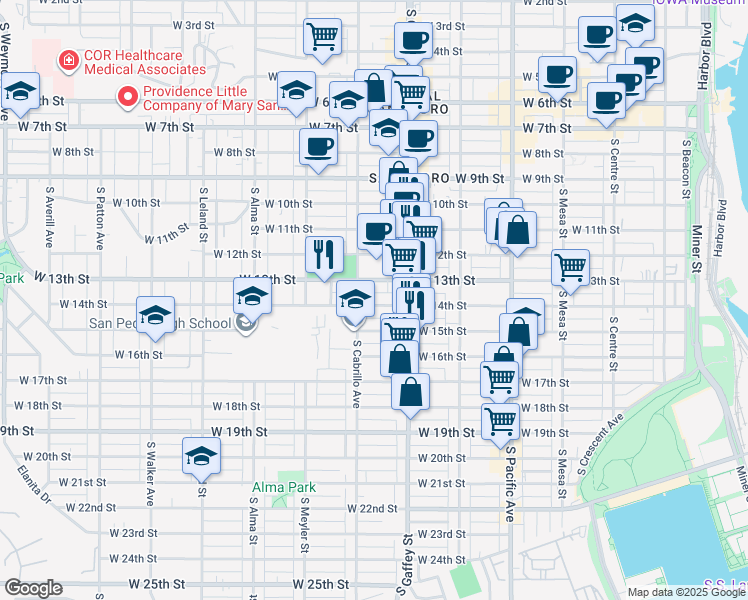 map of restaurants, bars, coffee shops, grocery stores, and more near 764 West 14th Street in Los Angeles
