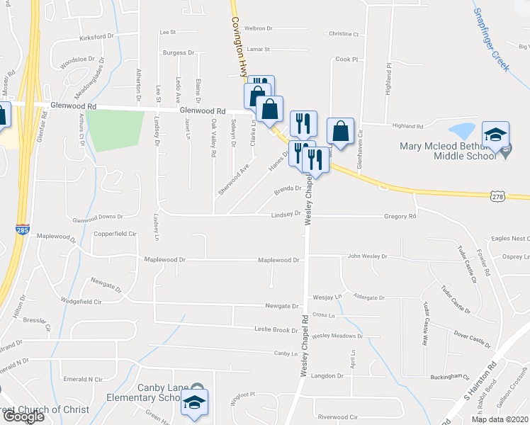 map of restaurants, bars, coffee shops, grocery stores, and more near 4103 Brenda Drive in Decatur