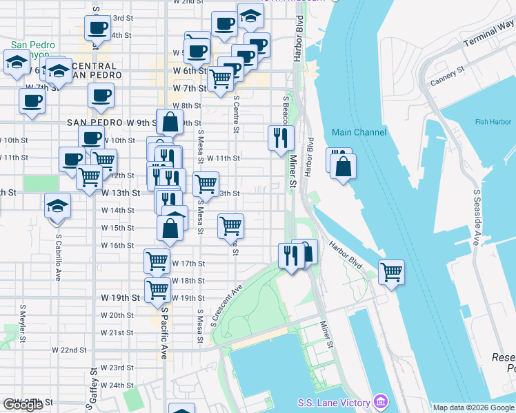 map of restaurants, bars, coffee shops, grocery stores, and more near 257 West 13th Street in Los Angeles