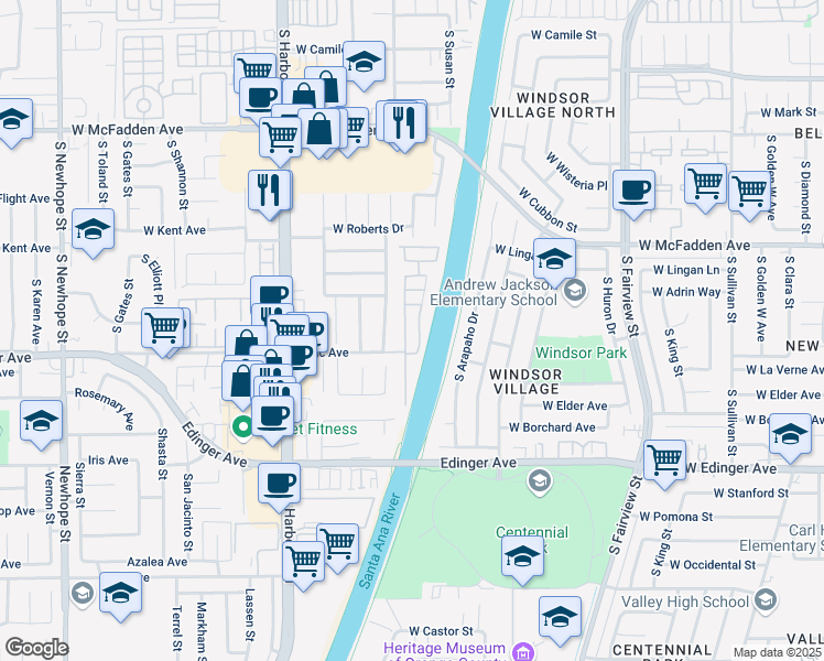 map of restaurants, bars, coffee shops, grocery stores, and more near 243 Palos Verdes Drive in Santa Ana