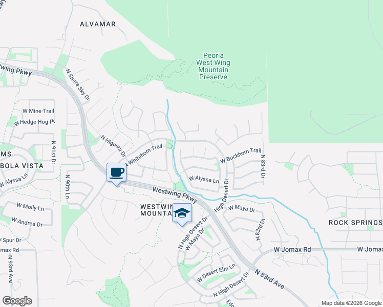 map of restaurants, bars, coffee shops, grocery stores, and more near 8478 West Buckhorn Trail in Peoria
