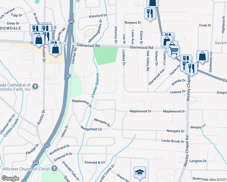 map of restaurants, bars, coffee shops, grocery stores, and more near 2110 Glenwood Downs Drive in Decatur