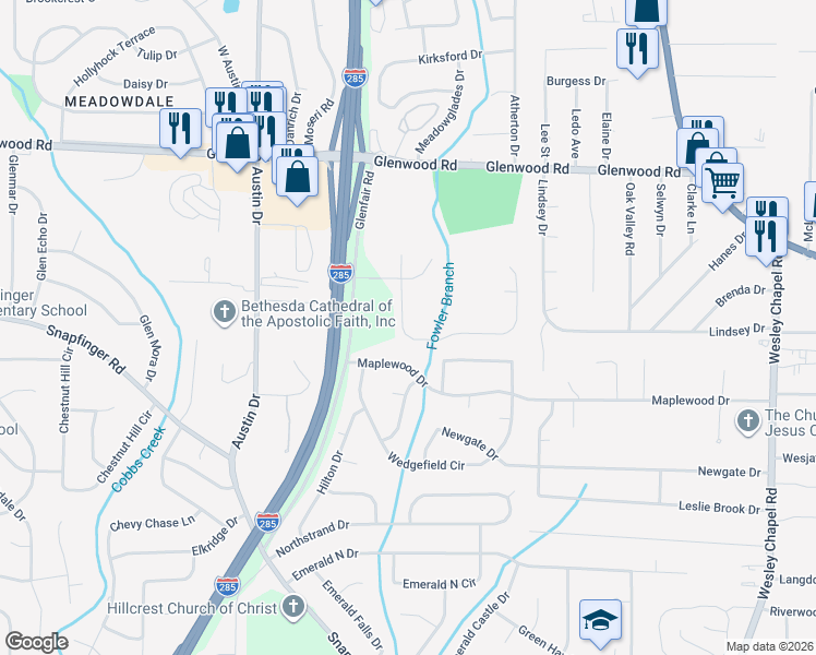 map of restaurants, bars, coffee shops, grocery stores, and more near 1998 Glenwood Downs Drive in Decatur