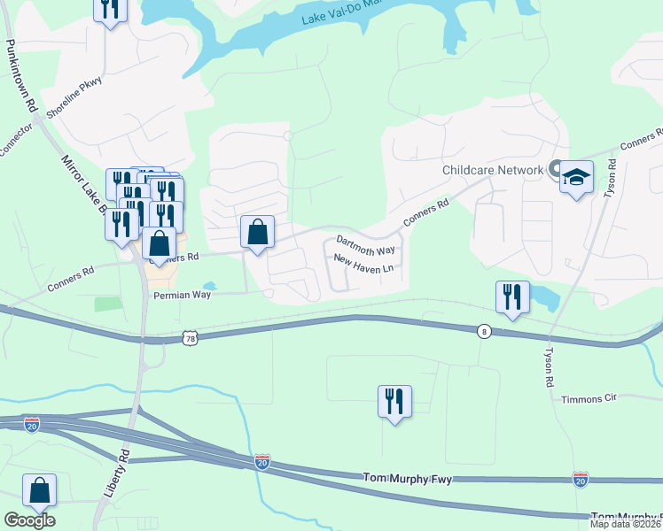 map of restaurants, bars, coffee shops, grocery stores, and more near 2051 Dartmoth Way in Villa Rica
