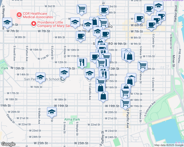 map of restaurants, bars, coffee shops, grocery stores, and more near 782 West 14th Street in Los Angeles