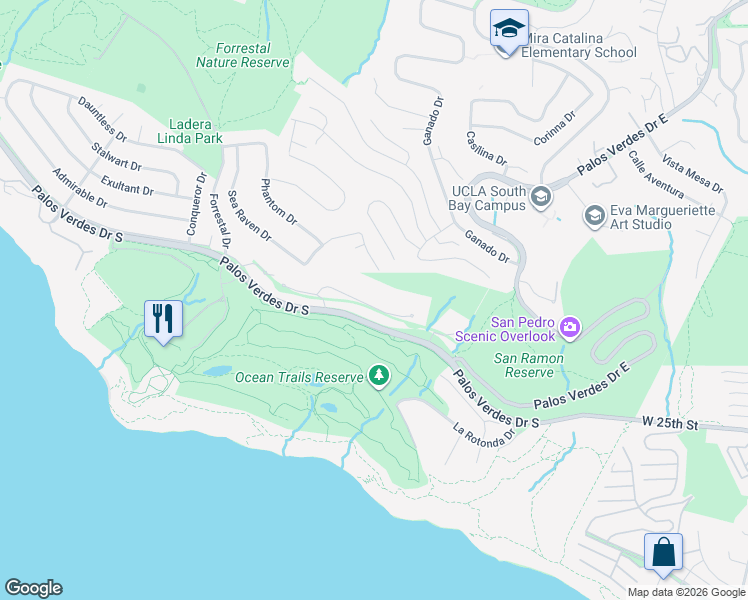 map of restaurants, bars, coffee shops, grocery stores, and more near 3355 Palo Vista Drive in Rancho Palos Verdes
