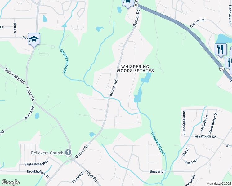 map of restaurants, bars, coffee shops, grocery stores, and more near 2724 Bomar Road in Douglasville