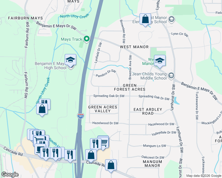 map of restaurants, bars, coffee shops, grocery stores, and more near 3348 Lynfield Drive Southwest in Atlanta