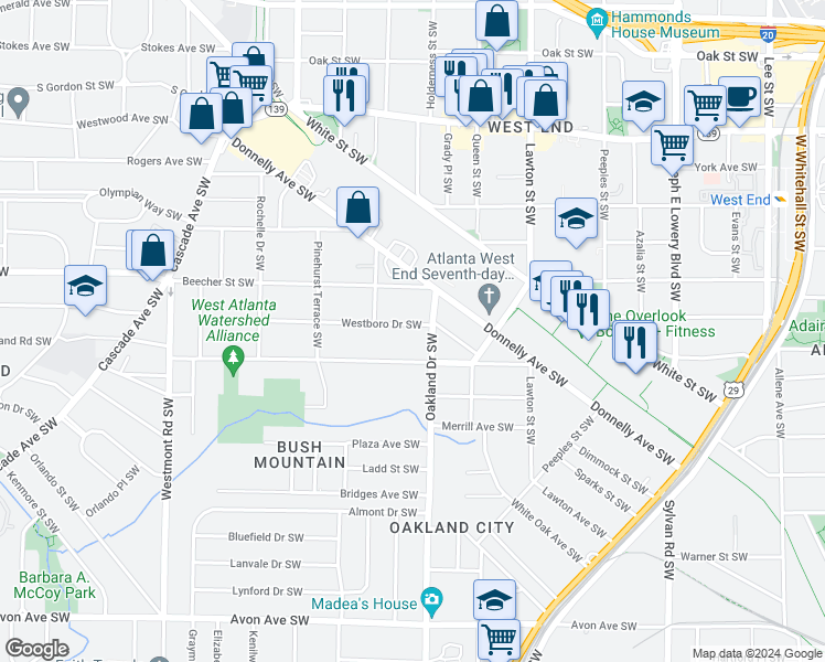 map of restaurants, bars, coffee shops, grocery stores, and more near 1232 Westboro Drive Southwest in Atlanta